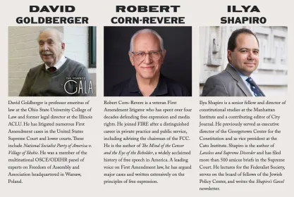 Soapbox Conference speakers showing David Goldberger, Robert Corn-Revere, and Ilya Shapiro